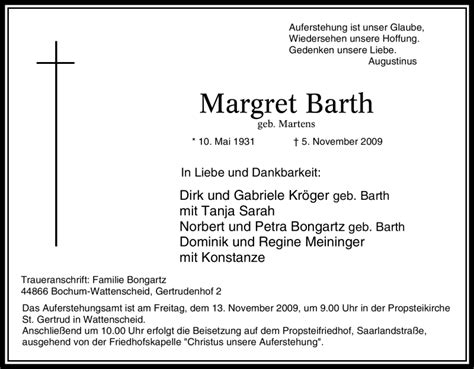 Traueranzeigen Von Margret Barth Trauer In Nrw De