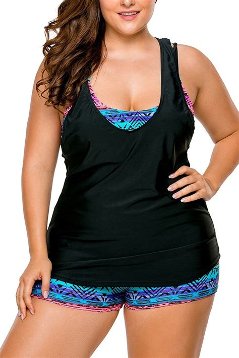 Women S Plus Size 3 Pieces Tankini Swimsuit With Shorts Black Multi Cs184sh79hg Plus Size