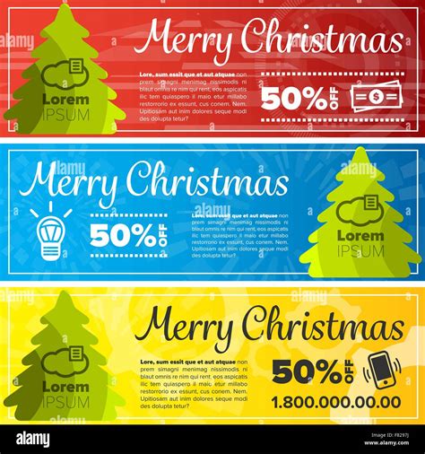 Merry Christmas Banners With Icons And Colored Backgrounds Stock Vector