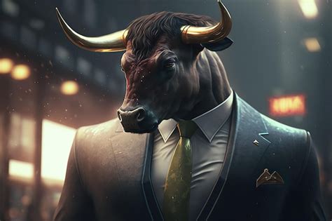 Premium AI Image A Bull With A Suit And Tie Stands In Front Of A