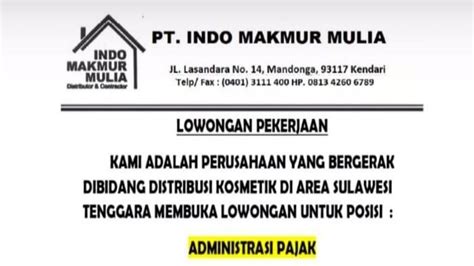 Lowongan Kerja Kendari PT Indo Makmur Mulia Buka Loker Khusus Wanita