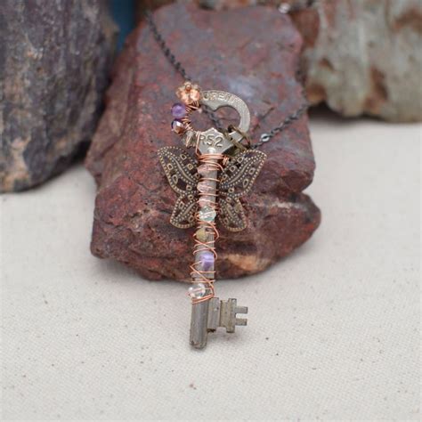 Wire Wrapped Vintage Skeleton Key Pendant Necklace In Key