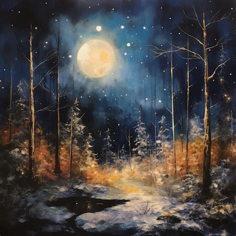 Premium Photo | A painting of a forest with a full moon in the background