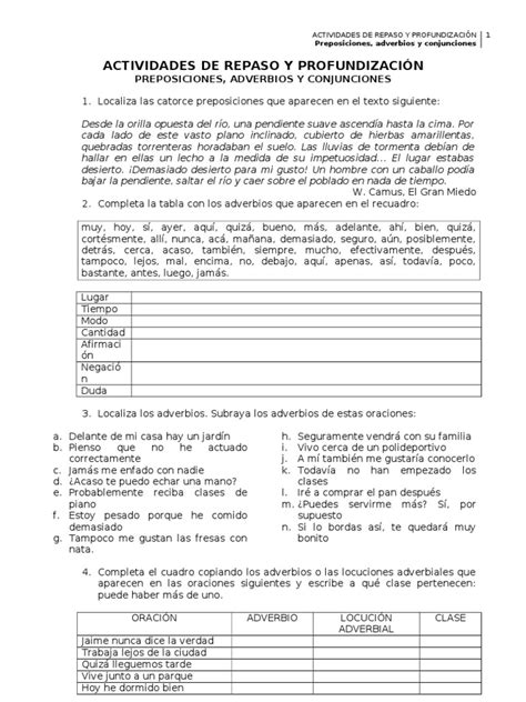 Actividades Preposiciones Adverbios Y Conjunciones