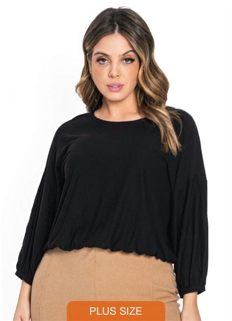 Blusa Feminina Manga 7 8 Puff Preto Secret Glam