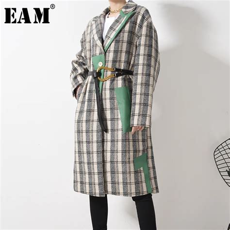 Big Size Woolen Coat Irregular Plaid Women Parkas Long Sleeve Fashion