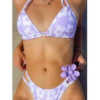 Emmiol Free Shipping Floral Printed Strappy Bikini Set Purple M In