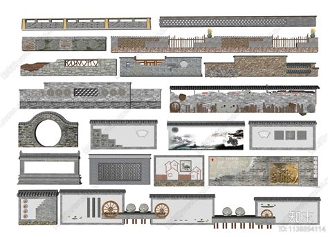 中式乡村景墙矮墙su模型下载【id1138894114】知末su模型网