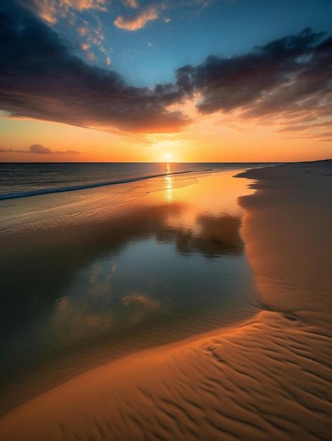 Premium AI Image | A sunset on the beach with a blue sky and clouds