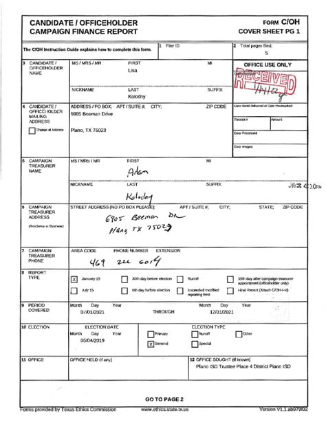 Fillable Online Candidate Officeholder Campaign Finance Report Cover