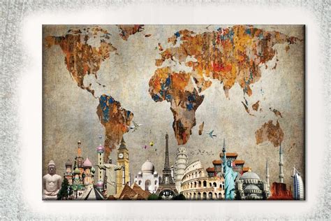 Canvas World Map Art mural showing Country and Major Cities in Mixed Color with White Background ...