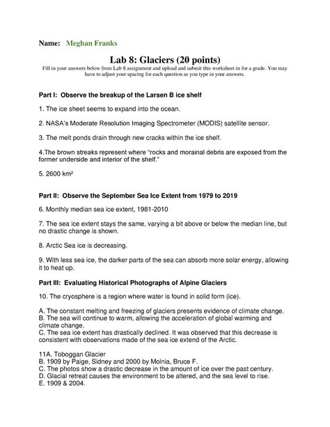 Franks Lab8worksheet Worksheet With Answers To Lab 8 Name Meghan Franks Lab 8 Glaciers 20