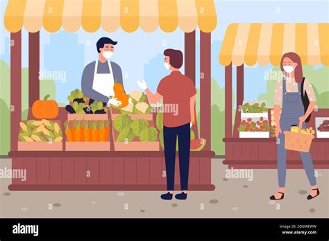 People Buy Vegetables And Fruits At Farm Market Vector Illustration