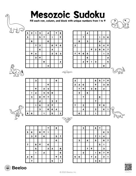 Dinosaur Themed Sudoku Puzzles Beeloo Printables