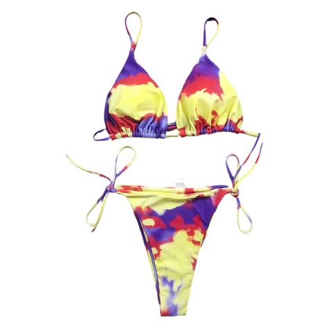 Hgycpp Women Sexy Micro Brazilian Bikini Set Tie Dye Cinched String