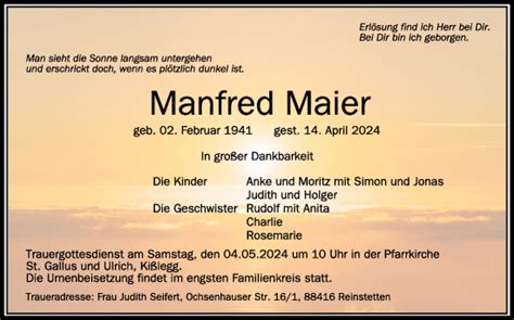 Traueranzeigen Von Manfred Maier Schwaebische De Trauerportal