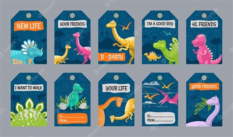 Diseños De Etiquetas Especiales Con Personajes De Dinosaurios Vector Premium