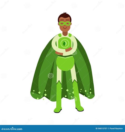 Ecological Superhero Man In Green Costume Standing With Folded Arms