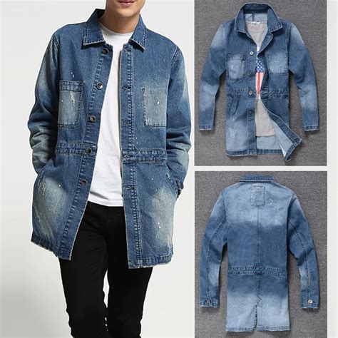 New Arrival Autumn Men Outerwear Long Jeans Clothes Retro Gradient Denim Jacket Men Skinny Jeans