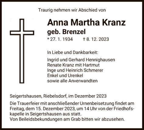 Traueranzeigen Von Anna Martha Kranz Trauer HNA De