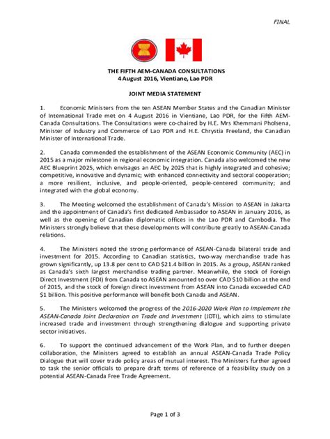 Fillable Online Joint Media Statement Of The Tenth Aem Canada