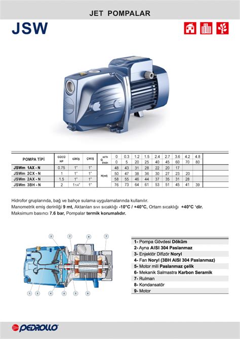 Pedrollo Jswm 2Ax N 1 5 Hp 220V Kendinden Emişli Jet Pompa Fiyatları ve