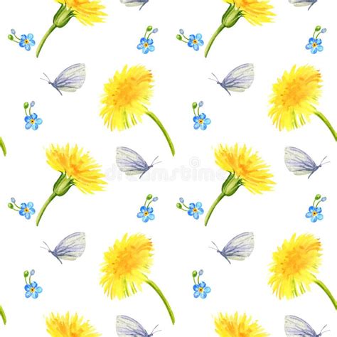 Watercolor Seamless Pattern With Summer Field Flowers Hand Draw