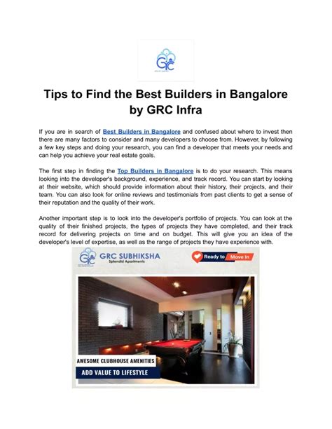 PPT Tips To Find The Best Builders In Bangalore By GRC Infra