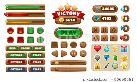 Cartoon Game Ui Wooden Interface Buttons Icons Stock Illustration