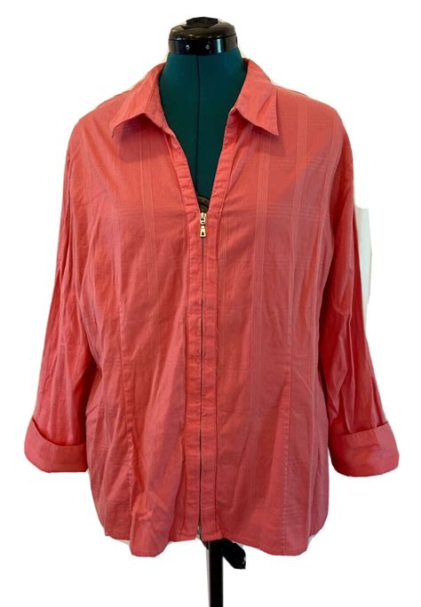 Sag Harbor Windowpane Zip Front Blouse Shirt Womens Gem