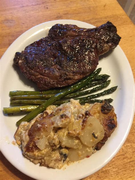 [homemade] Bbq Ribeye With Roasted Asparagus And Cheddar Bacon Cheese Scalloped Potatoes R Food