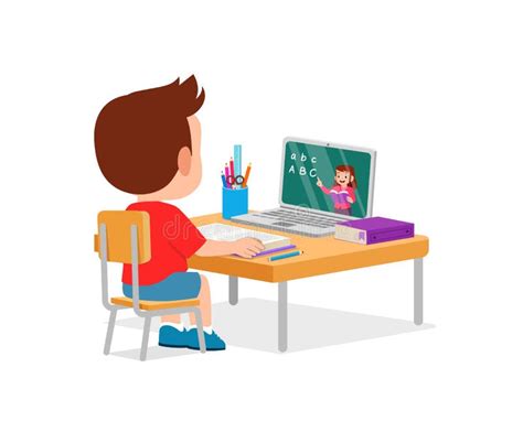 Happy Cute Little Kid Do Home School With Computer Laptop Connect To