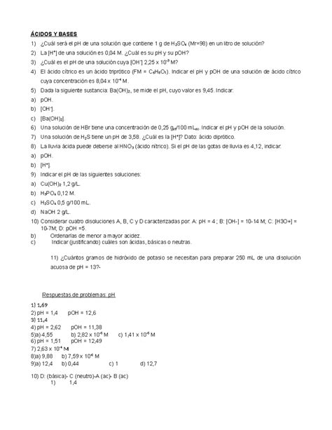 Ácidos Y Bases ejercicios para examen ÁCIDOS Y BASES Cuál será el pH