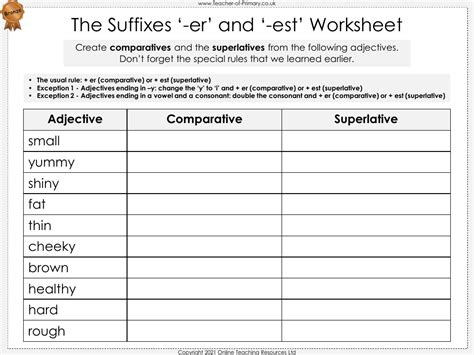 The Suffixes Er And Est Worksheet English Year