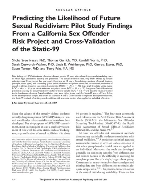 Pdf Predicting The Likelihood Of Future Sexual Recidivism Pilot