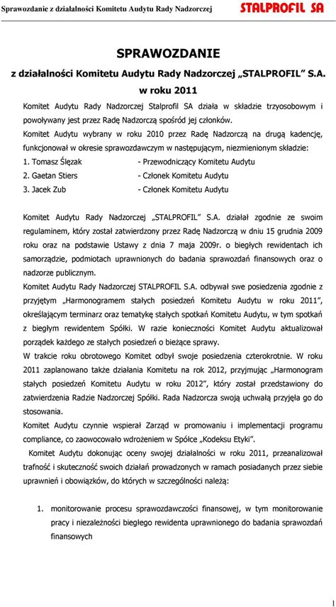 SPRAWOZDANIE z działalności Komitetu Audytu Rady Nadzorczej STALPROFIL