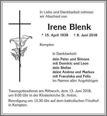 Traueranzeigen Von Irene Blenk Allg Uer Zeitung