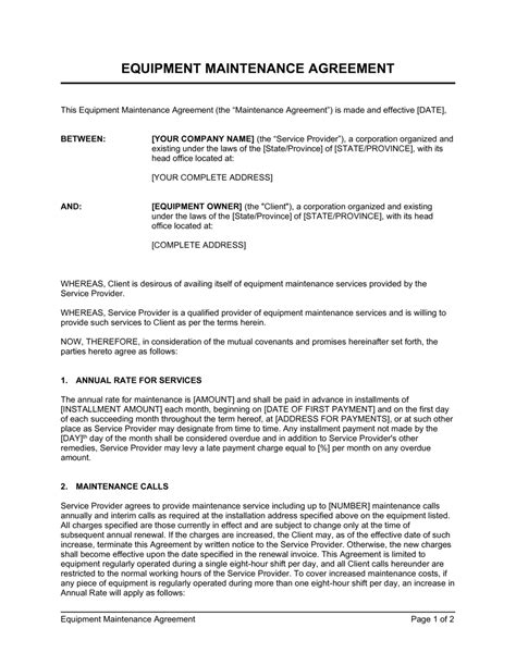 Equipment Maintenance Agreement Template