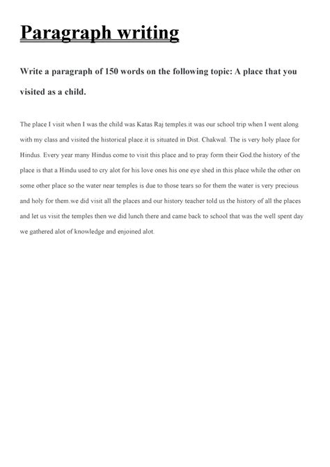 Paragraph Writing Paragraph Writing Write A Paragraph Of 150 Words On The Following Topic A