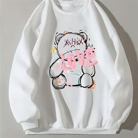 Cartoon & Letter Print Sweatshirt. Casual Long Sleeve Crew Neck ...