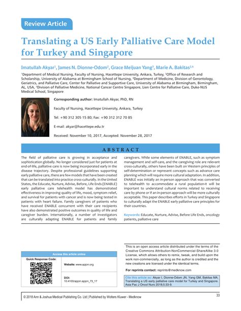 Pdf Translating A Us Early Palliative Care Model For Turkey And Singapore