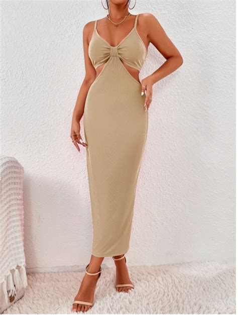 Khaki Cut Out Waist Split Hem Cami Bodycon Dress Sz Xs S M L Ebay