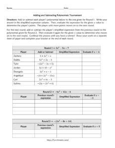 Adding And Subtracting Polynomials 8 Bracket Tournament Funrithmetic