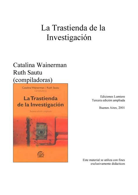 Unidad I A La Trastienda de la Investigación Catalina Wainerman Ruth