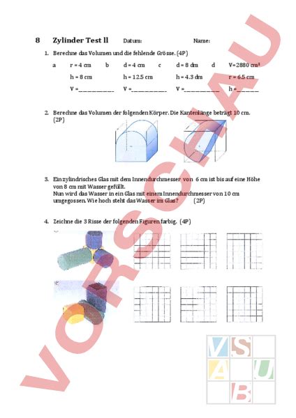 Arbeitsblatt Zylinder Test Geometrie Körper Figuren