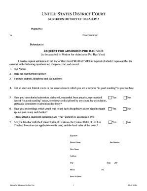 Fillable Online Oknd Uscourts Request For Admission Pro Hac Vice Form