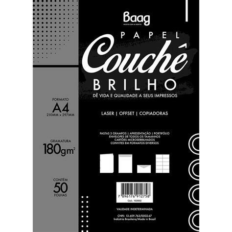 PAPEL A4 COUCHÊ BRILHO 180g m² COPY GLOSSY BRANCO BAAG PCT C 50