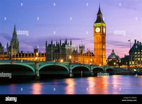 London, parliament building and Westminster Bridge at Dusk Stock Photo ...