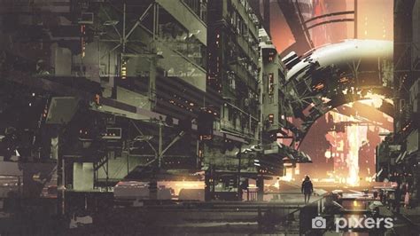 Wall Mural Sci Fi Scenery Of Cyberpunk City With Futuristic Buildings