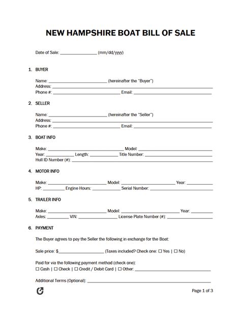 Free New Hampshire Boat Bill Of Sale Form Pdf Word Rtf